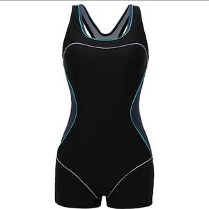 Black One-Piece Athletic Swim Suit with Teal Trim